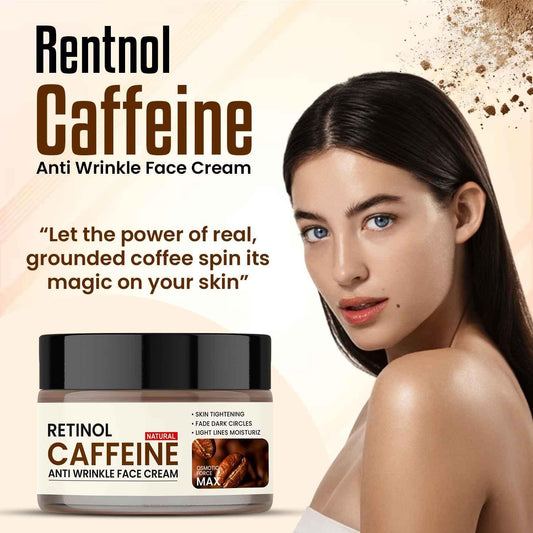 Rentnol Caffeine Anti Wrinkle Face Cream with a model showing results on skin