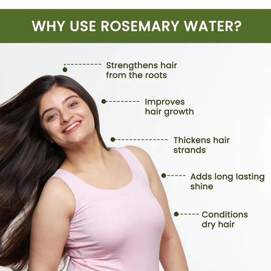 Woman with long hair next to text explaining benefits of using rosemary water