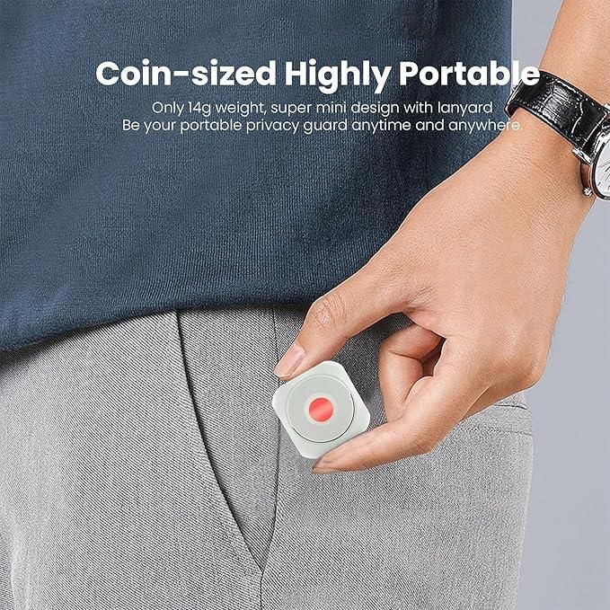 Hand holding a small device with text about its portability and features.