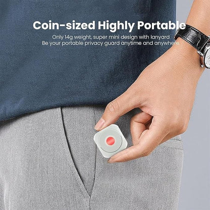 Hand holding a small device with text about its portability and features.