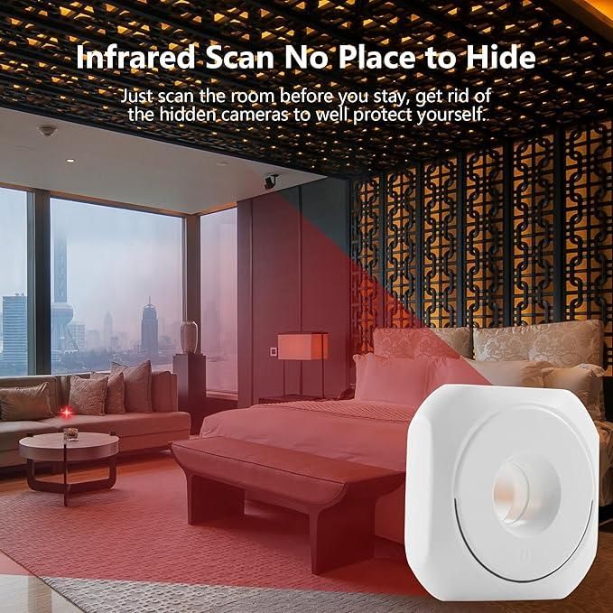 Infrared sensor device in a modern bedroom with text about scanning rooms for hidden cameras.