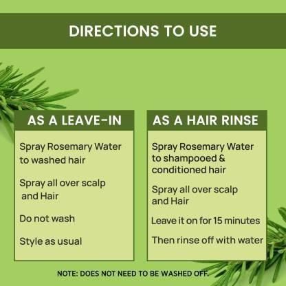 Instructions for using rosemary water as a leave-in conditioner or hair rinse on a green background with rosemary leaves.