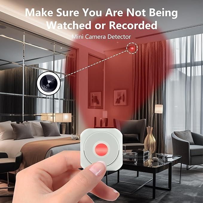 Mini camera detector held by a hand in a living room setting with text warning about being watched or recorded.