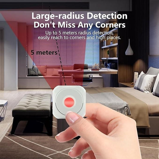 Hand holding a device with text about large-radius detection in a living room setting