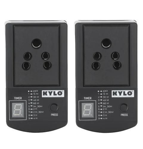 Two black KYLO timers with digital displays on a white background