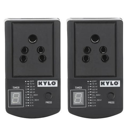 Two black KYLO timers with digital displays on a white background