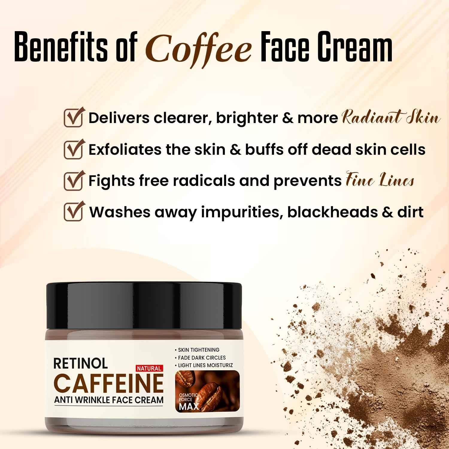 Coffee face cream jar with benefits listed on a beige background