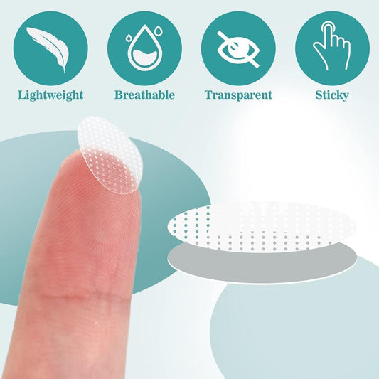 Product feature icons with a finger wearing a transparent adhesive patch on a light blue background