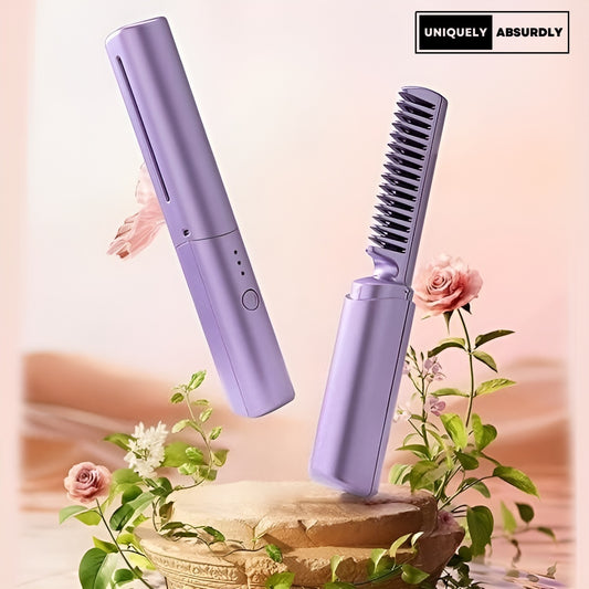Purple hair straightener and comb set with floral background