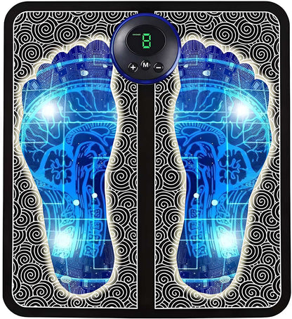 Foot massager device with blue glowing design and digital display on a black background