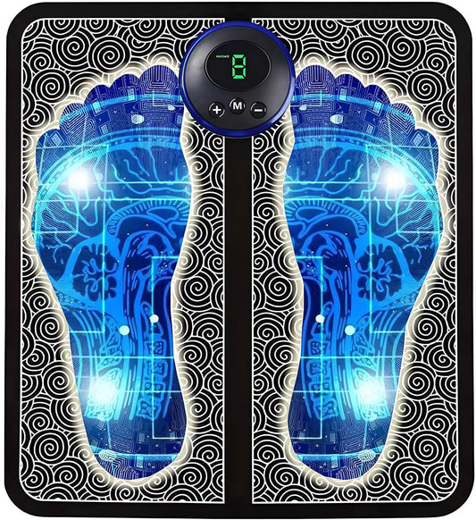 Foot massager device with blue glowing design and digital display on a black background