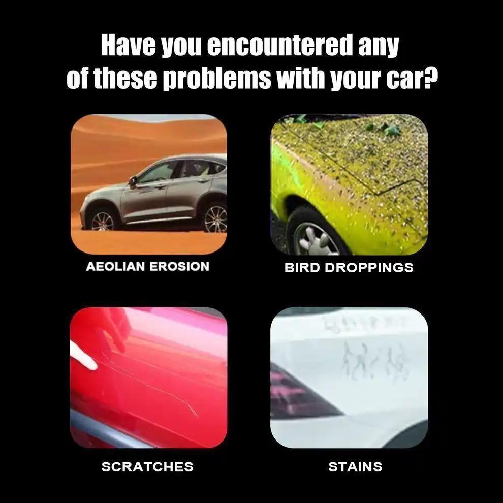 Meme with car issues including aeolian erosion, bird droppings, scratches, and stains.