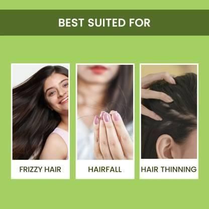 Product advertisement showing benefits for frizzy hair, hairfall, and hair thinning on a green background.