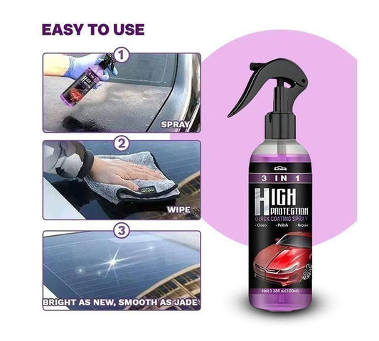 Car care spray with instructions on how to use it, displayed against a white background.