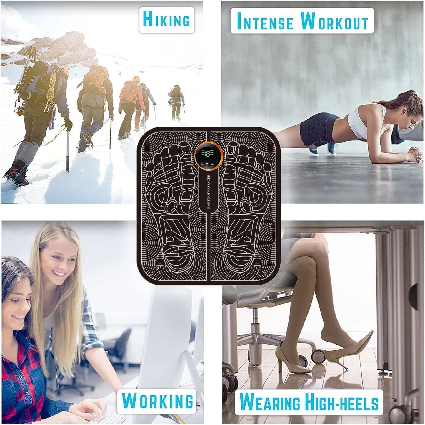 Product display with various scenarios including hiking, intense workout, working, and wearing high heels.