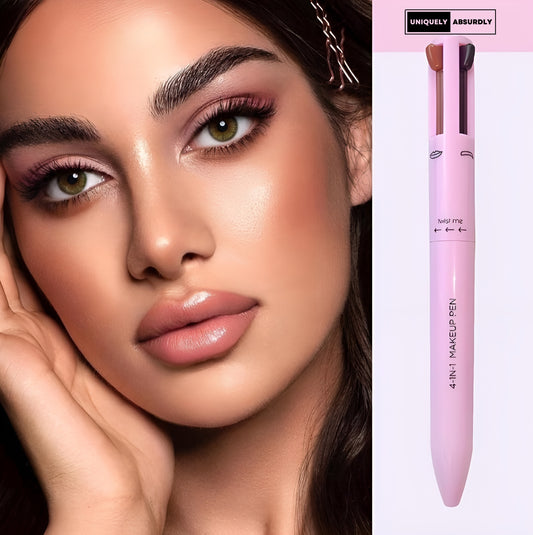 Makeup product with a close-up of a woman's face on a dark background