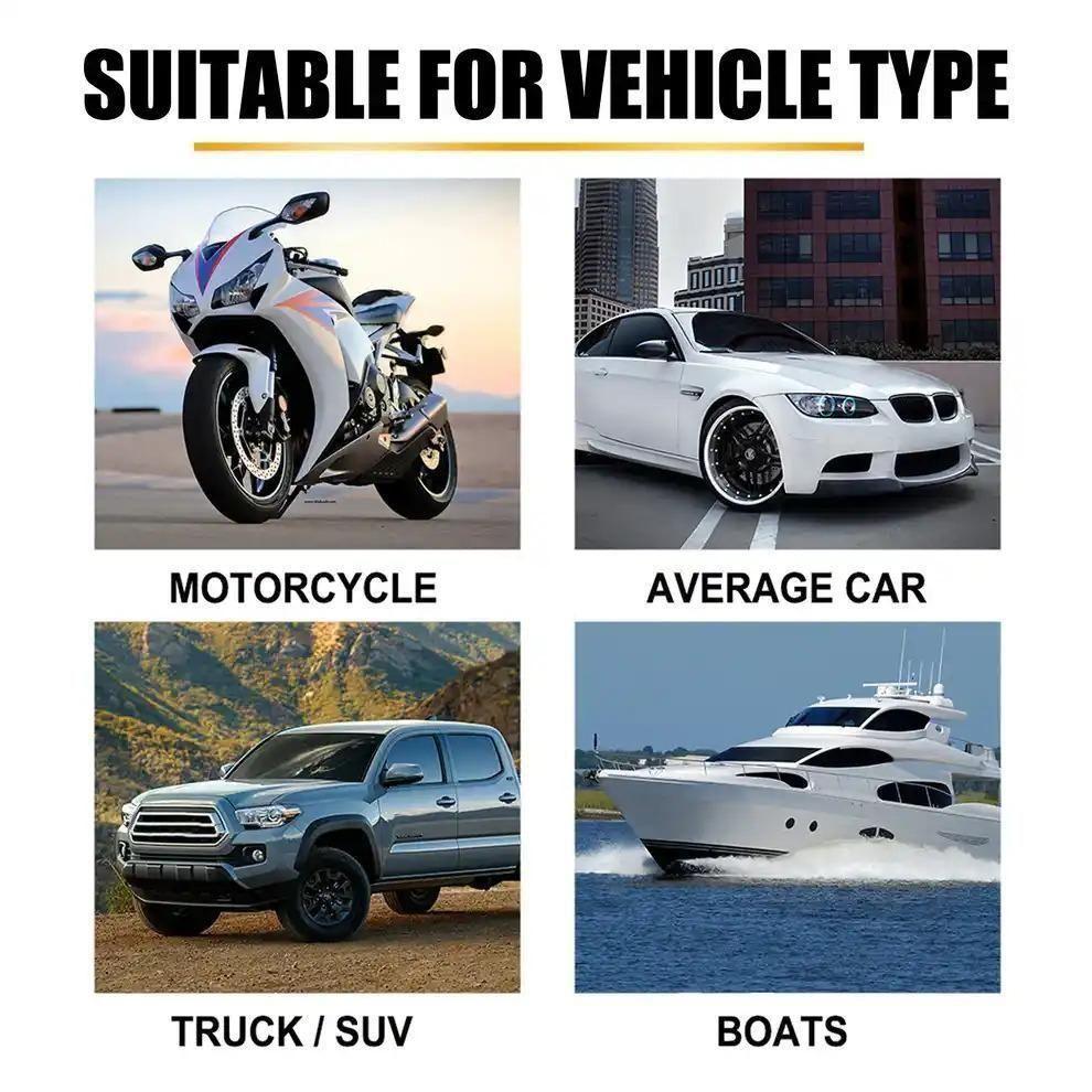 Illustration of a motorcycle, average car, truck/SUV, and boat with text indicating suitability for different vehicle types.