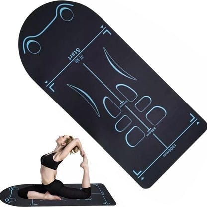 Yoga mat with futuristic design and person demonstrating pose on a white background