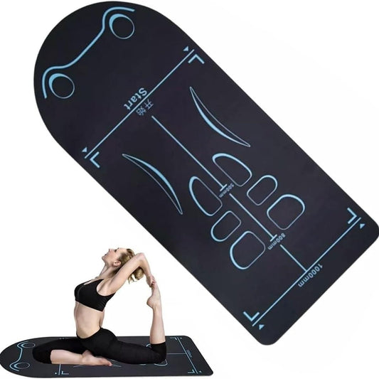 Yoga mat with futuristic design and person demonstrating pose on a white background