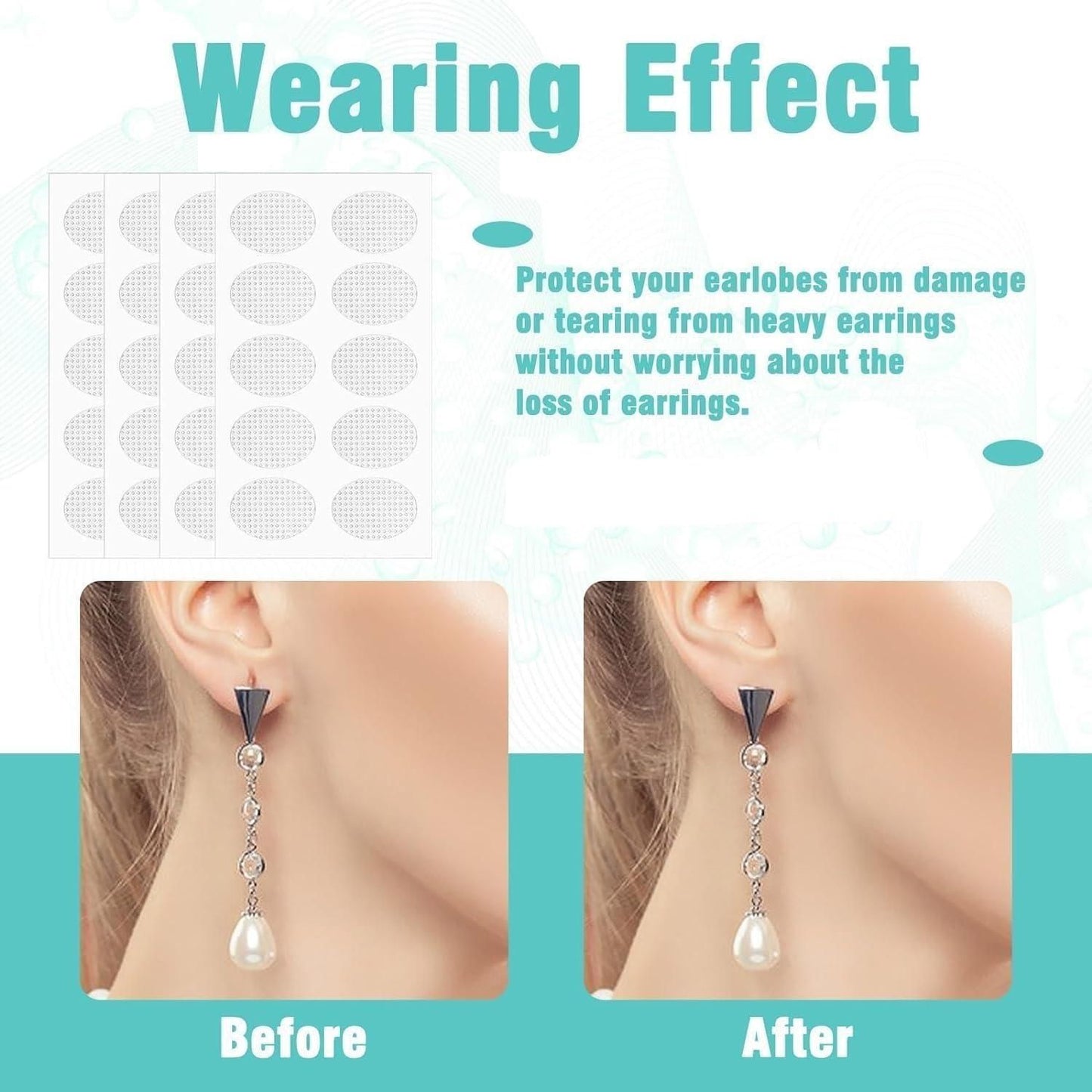 Earring protectors shown before and after use on an ear, with text explaining their benefits.
