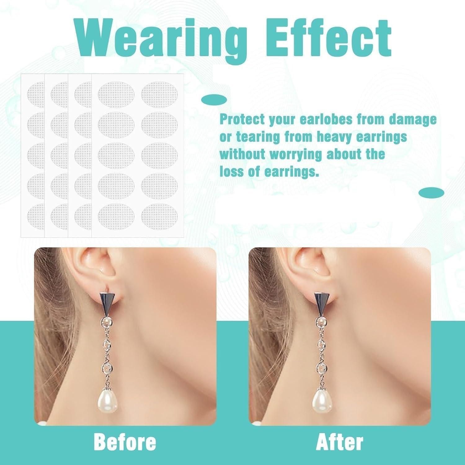 Earring protectors shown before and after use on an ear, with text explaining their benefits.