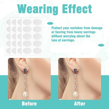 Earring protectors shown before and after use on an ear, with text explaining their benefits.