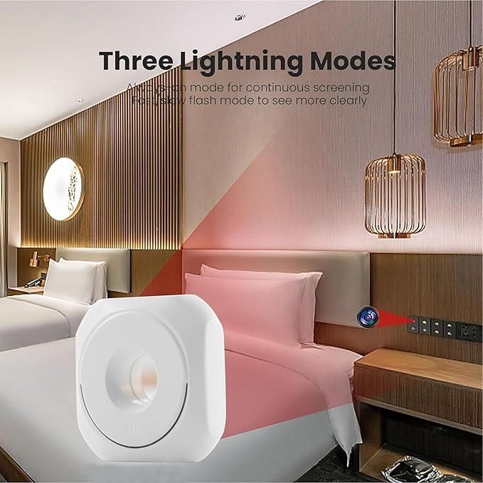 Modern bedroom with a bed and decorative lighting fixtures, featuring text about three lightning modes and featuring the product hidden camera detector