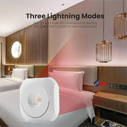 Modern bedroom with a bed and decorative lighting fixtures, featuring text about three lightning modes and featuring the product hidden camera detector