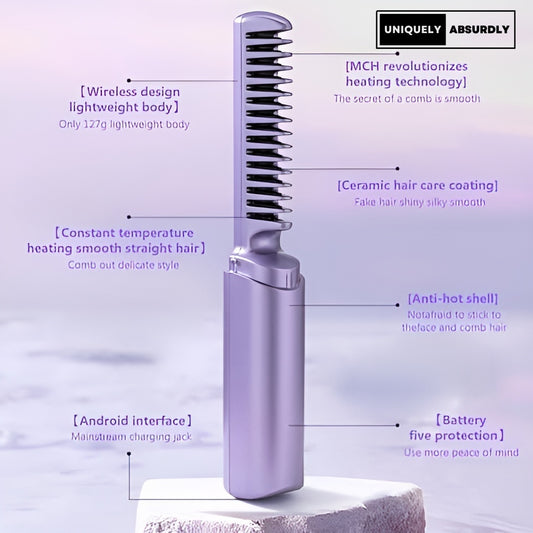 Purple comb with text highlighting features on a light gray background