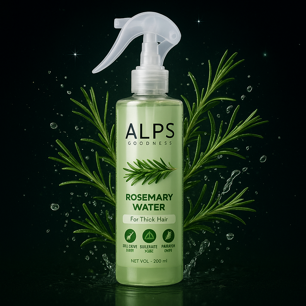 Bottle of Alps Goodness Rosemary Water with green leaves and water droplets on a dark background