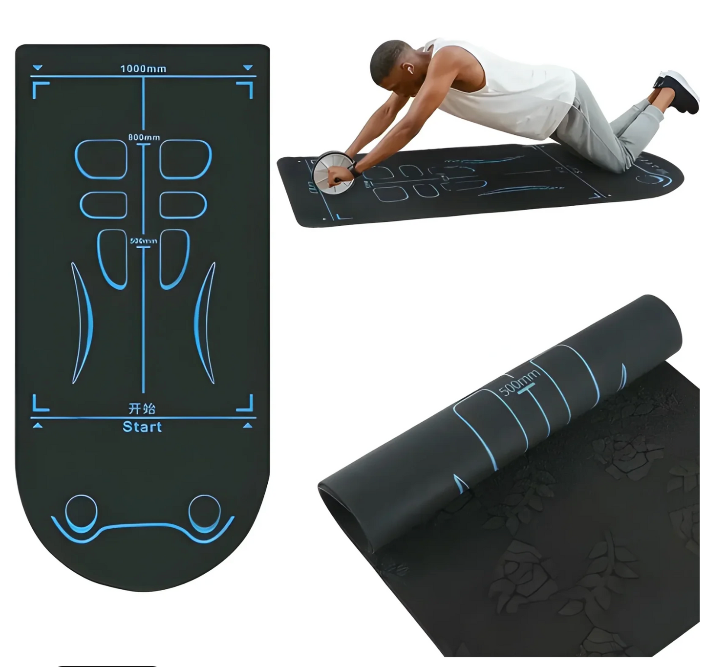 Black exercise mat with blue markings and a person using it.