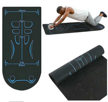 Black exercise mat with blue markings and a person using it.