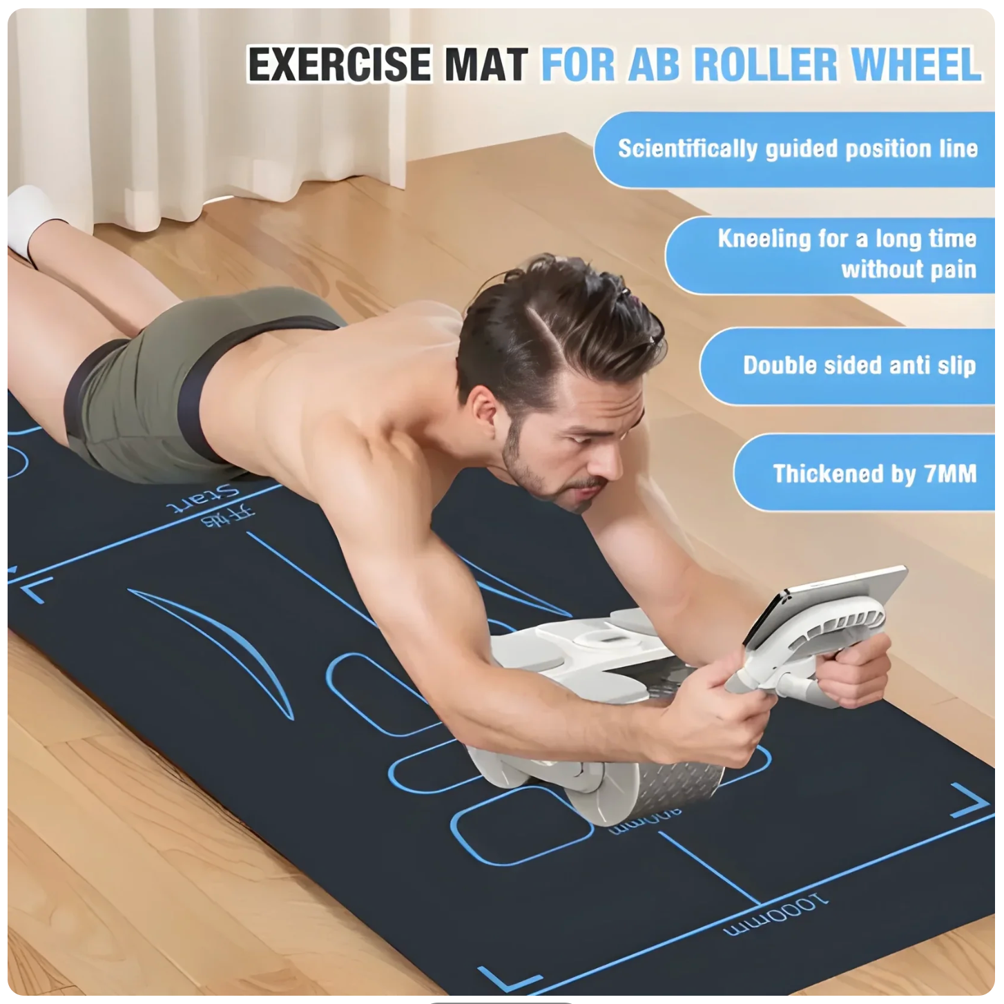 Man using an ab roller wheel on a thick exercise mat with text highlighting features.