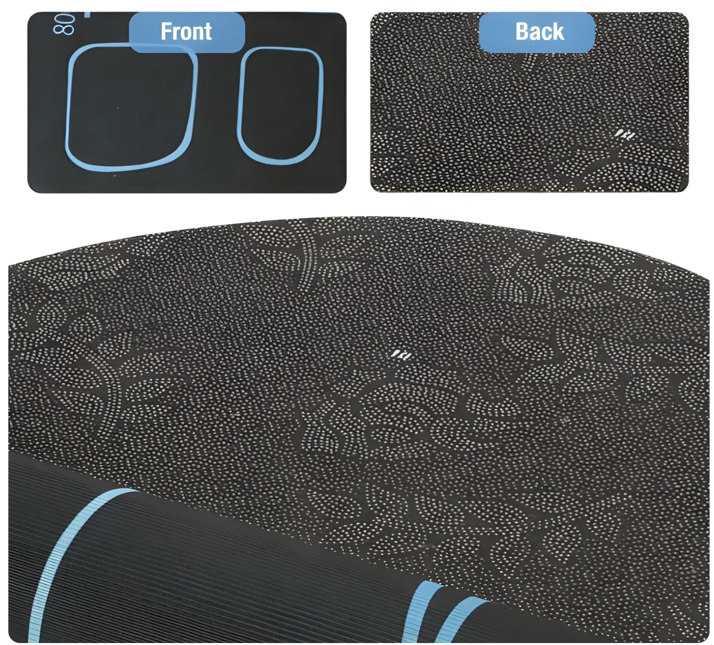 Black textured mat with blue accents, shown from front and back views.