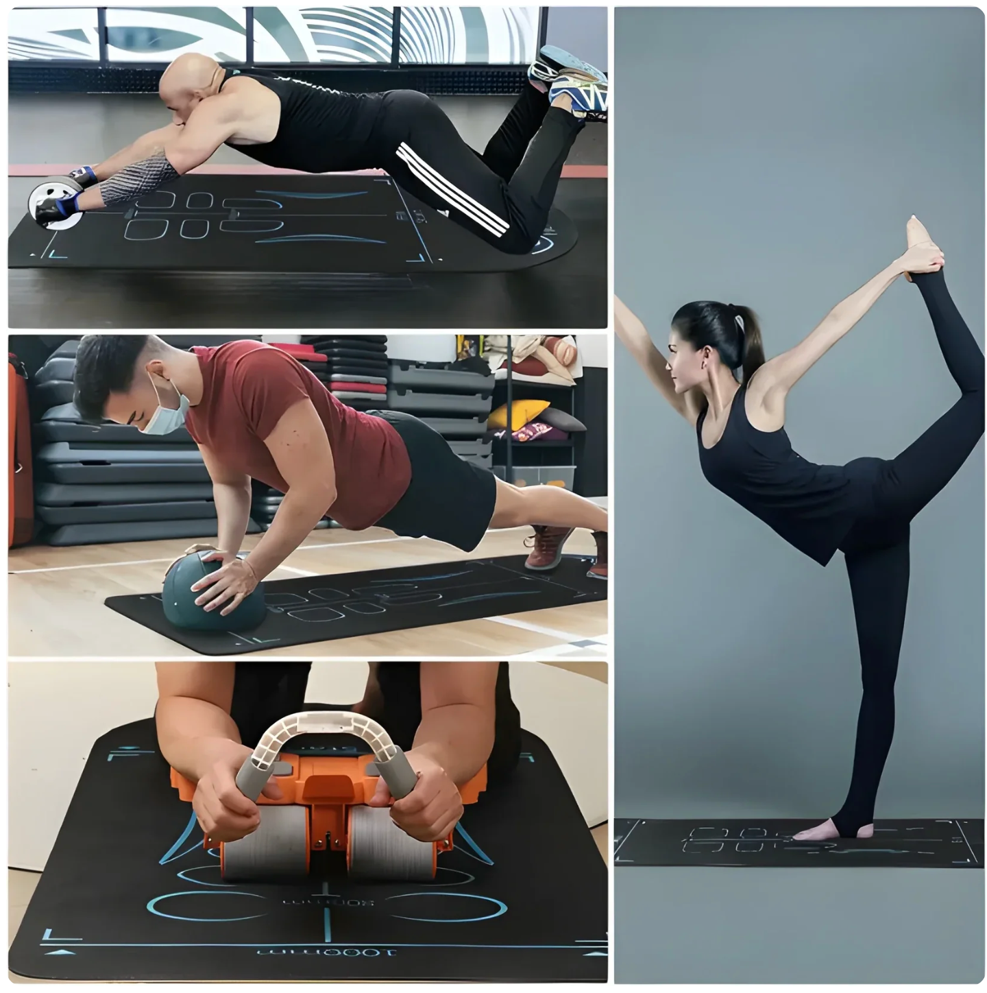 Collage of people using exercise equipment on a branded mat.